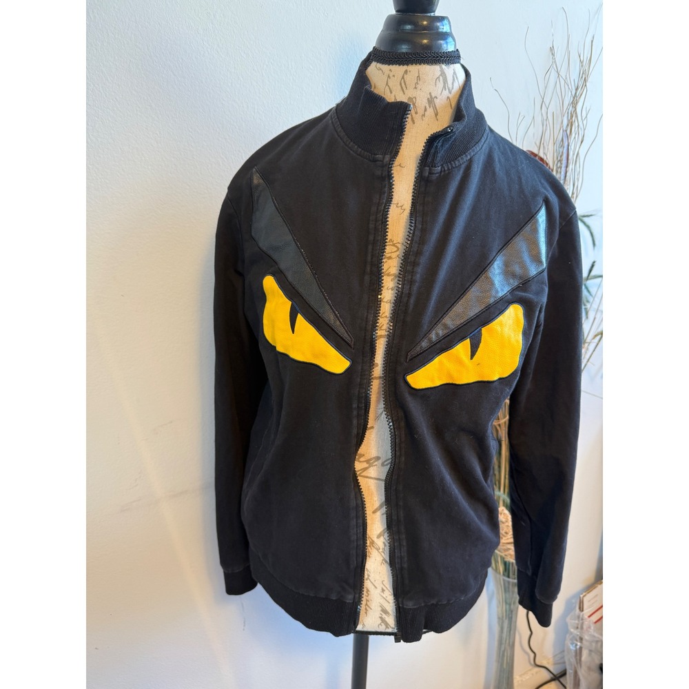 Fendi Bag‎ Bugs Monster Eyes Black Cotton Cashmere Silk Zip Bomber Jacket L flaw - Picture 2 of 10